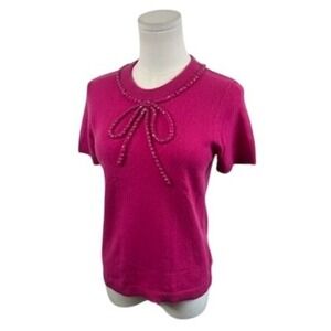 Kate Spade New York Pink Short Sleeve Sweater Top Crystal Bow Detail Size Small